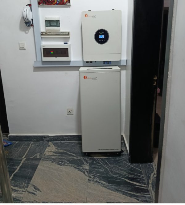 An 8kVA hybrid inverter with a 15kWh lithium battery installed on a clean wall-mounted setup. The system is grid-powered for battery charging and provides automatic backup power during outages. Electrical protection devices, isolators, and neatly routed c